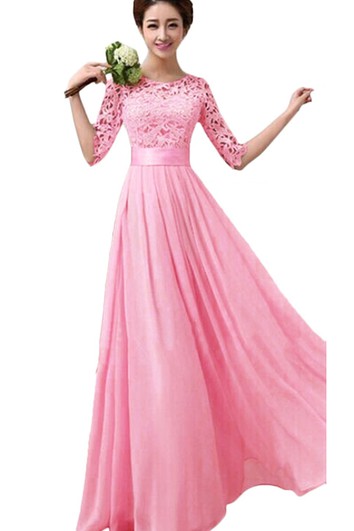 Scoop Long Bridesmaid Gown With Lace Bodice and Belt