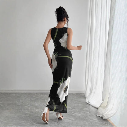 Women's Black Mesh Floral Print Sleeveless Dress Long Dress