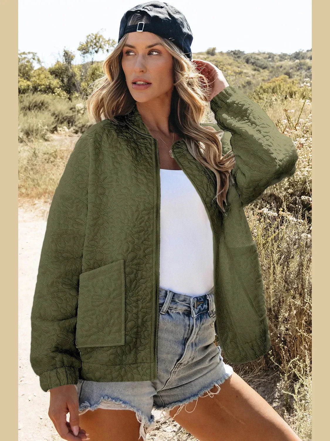 Baseball Collar Floral Quilted Jacket