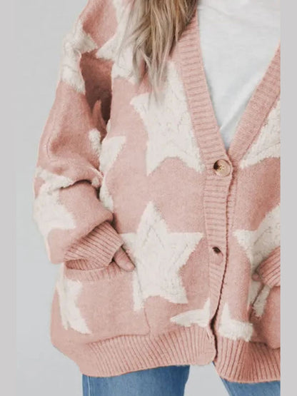 Women Star Button Up Long Sleeve Cardigan