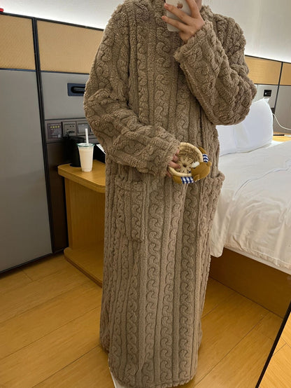 Winter Coral Fleece Sleepwear Women's Nightgown Long Night Dress Pajamas With Pockets Thickened Jacquard Dress Warm Home Clothes