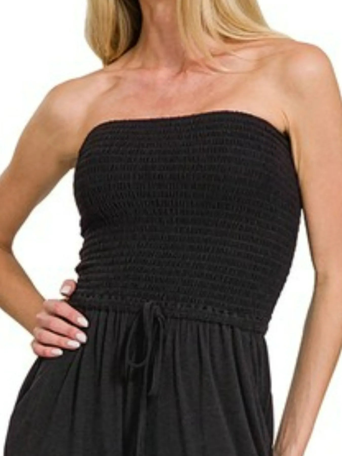 Zenana Strapless Wide Leg Smocked Jumpsuit