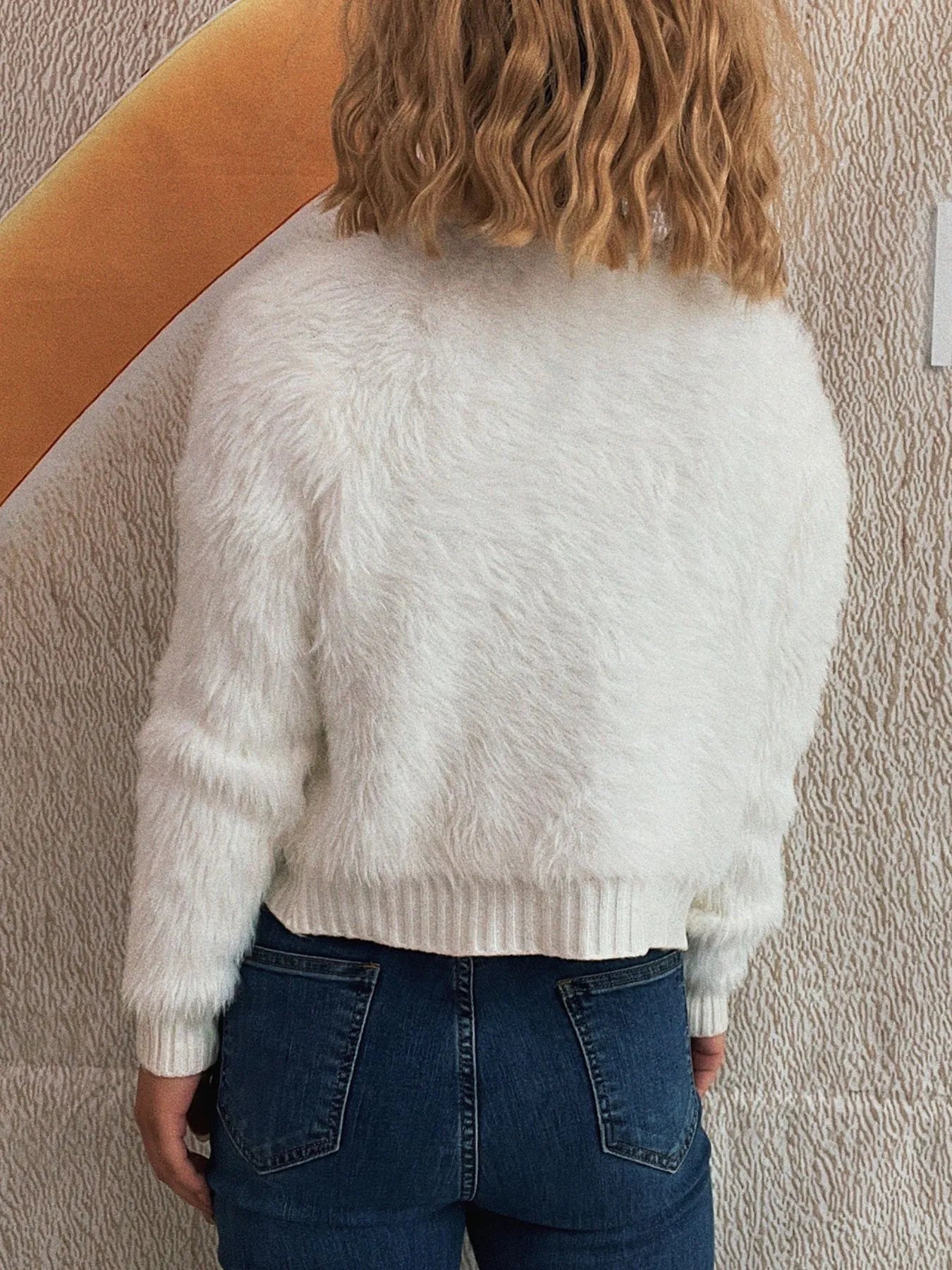 Women Flower Fuzzy Button-Up Cardigan