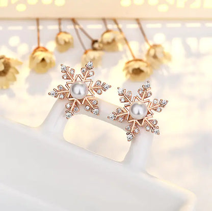 Sterling Silver Snowflake Earrings with Zircon and Pearl