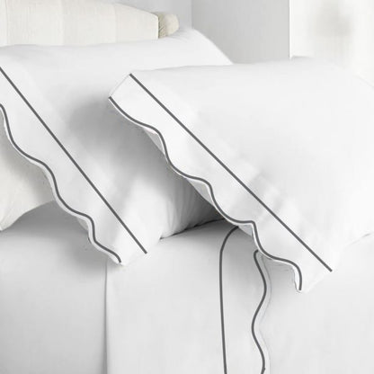 400TC Cotton Scallop Embroidery & Border Sateen Solid Sheet Set