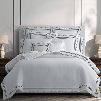 400TC Wavy Embroidery & Border Cotton Sateen Solid Duvet Cover Set