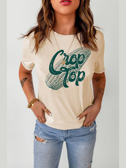 Women Corn Letter Graphic Cuffed Tee Shirt