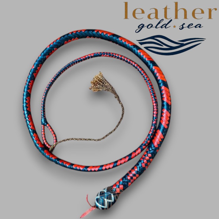 Handcrafted Leather Bullwhip – Genuine Leather, 16 Plait, Black & Red