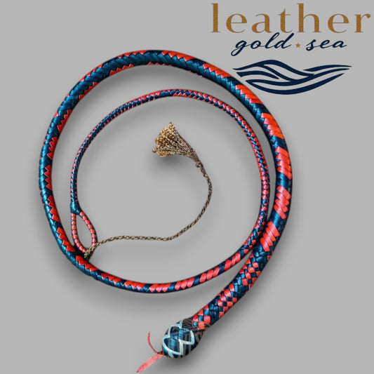 Handcrafted Leather Bullwhip – Genuine Leather, 16 Plait, Black & Red