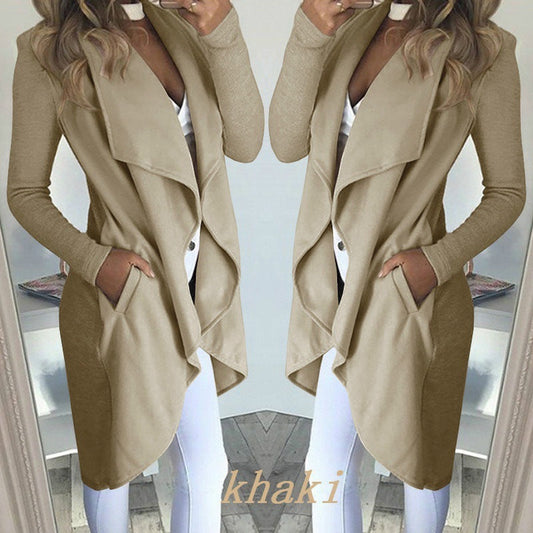 Women's Plus Size Solid Color Polo Collar Slim Fit Long Trench Coat