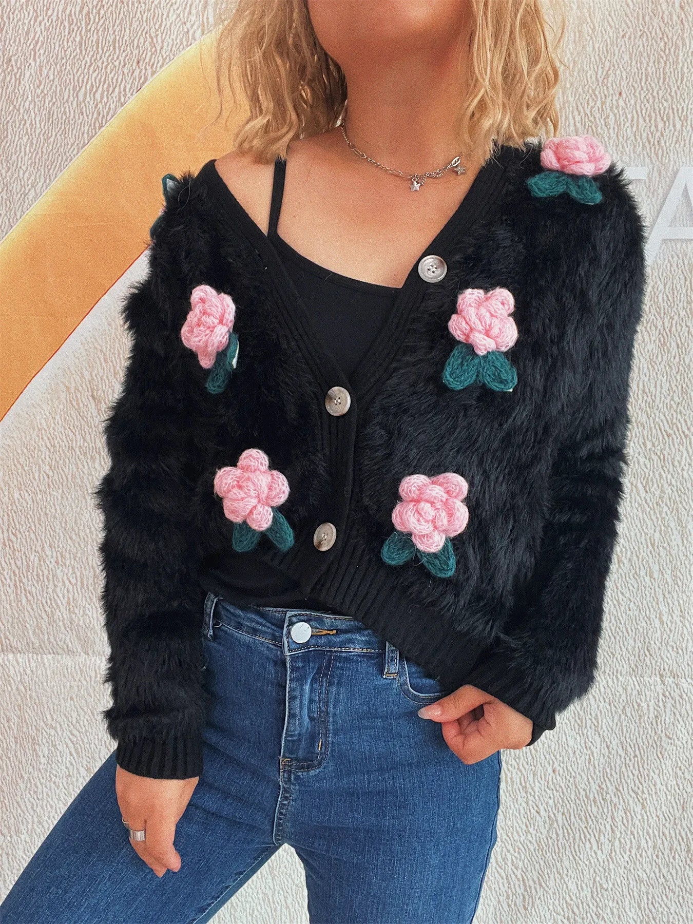 Women Flower Fuzzy Button-Up Cardigan