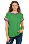 Zenana Mardi Gras Raised Rib Contrast Trim Top