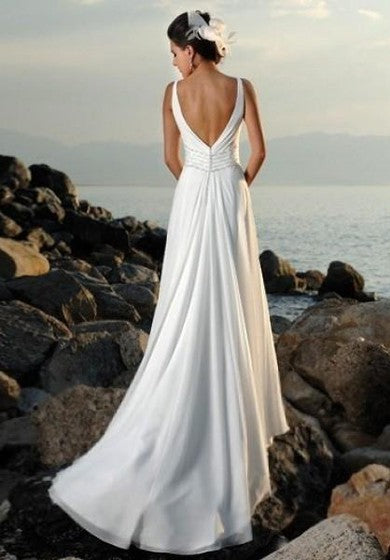 Empire V-neck Court Trains Sleeveless Chiffon Beach Wedding Dresses for Brides