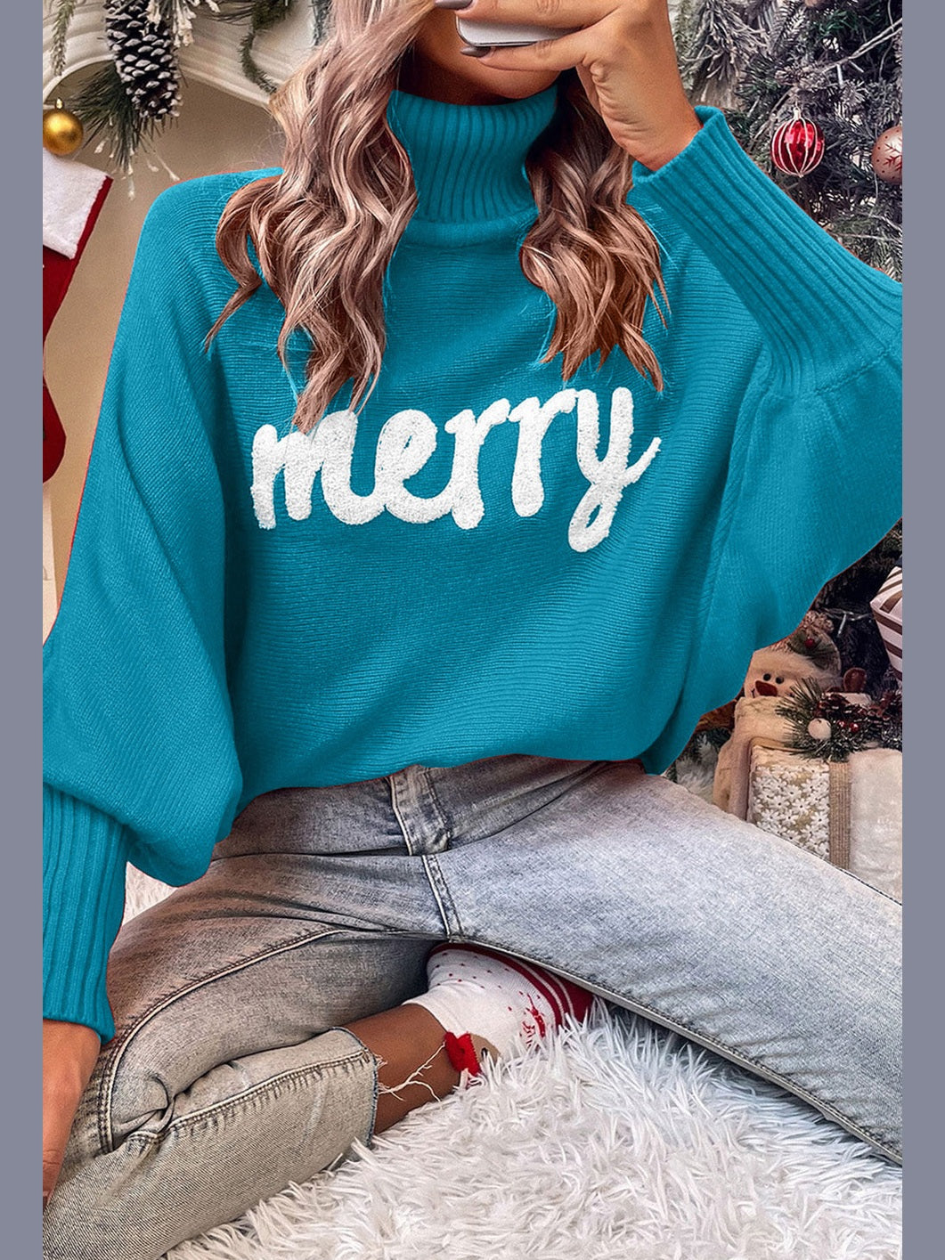 Women Double Take Full Size Merry Christmas Turtleneck Long Sleeve Sweater