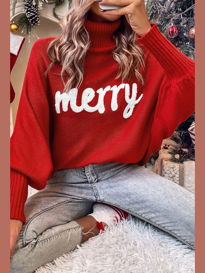 Women Double Take Full Size Merry Christmas Turtleneck Long Sleeve Sweater