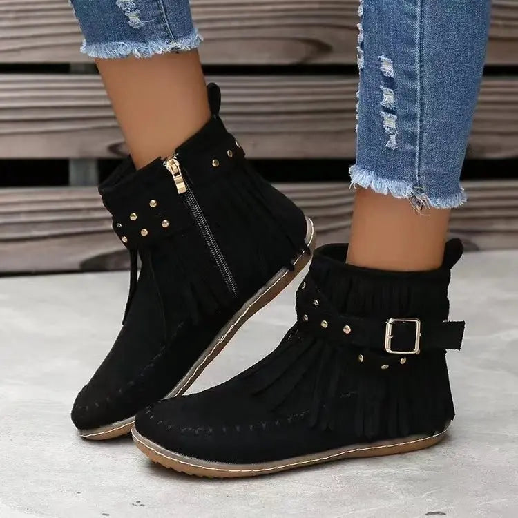 Trendy Women's Winter Ankle Boots with Rivet Tassel Detail
