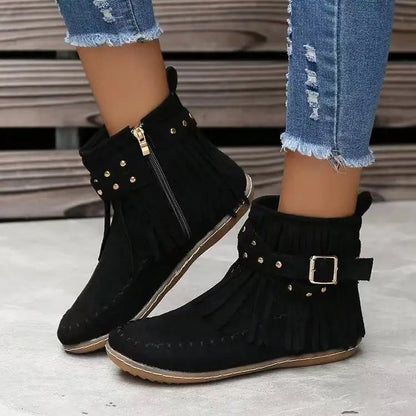 Trendy Women's Winter Ankle Boots with Rivet Tassel Detail