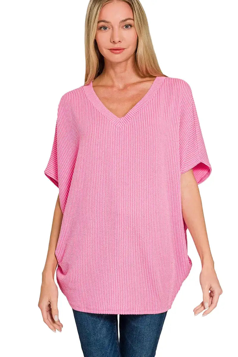 Zenana Raised Rib V-Neck Batwing Top
