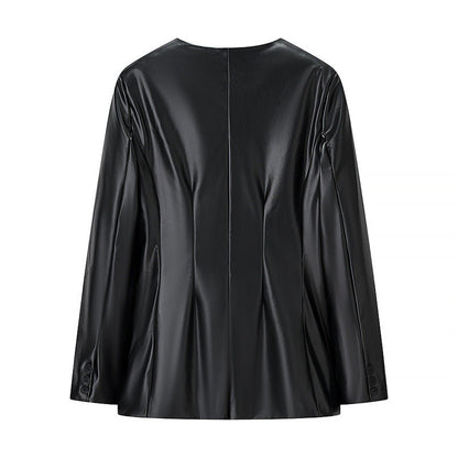 Women's Long-sleeved V-neck Leather Jacket