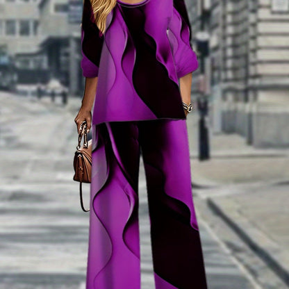 Vibrant  Geometric Plus Size Long Sleeve Top  Pants Set