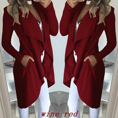 Women's Plus Size Solid Color Polo Collar Slim Fit Long Trench Coat