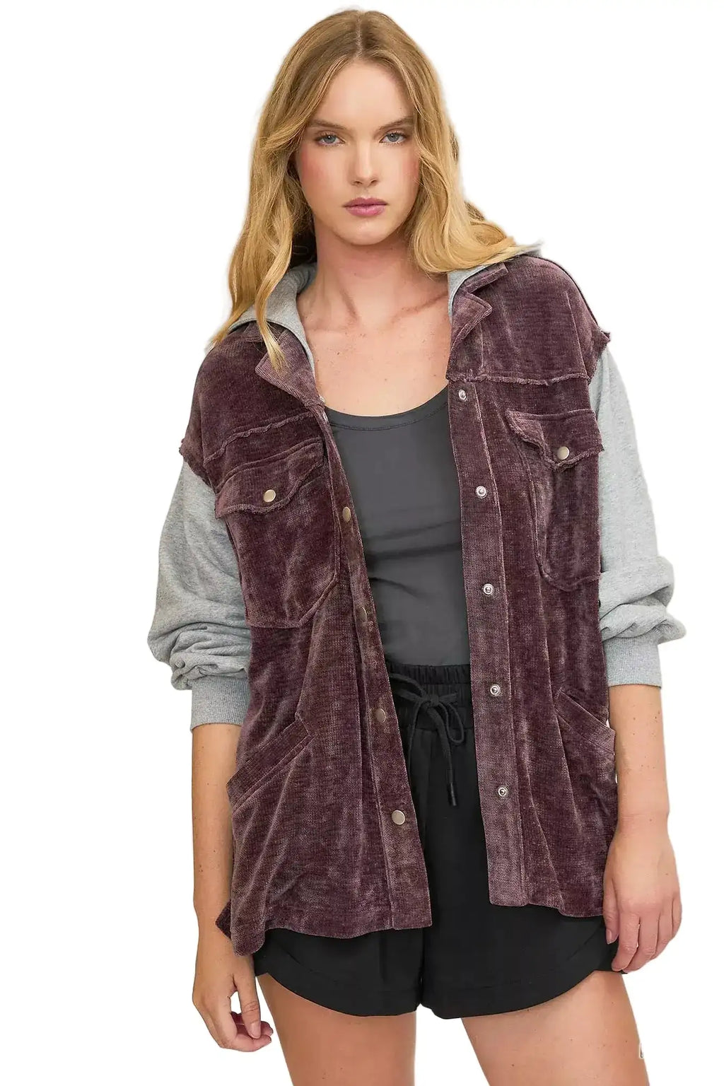 Umgee Contrast Hooded Chenille Jacket