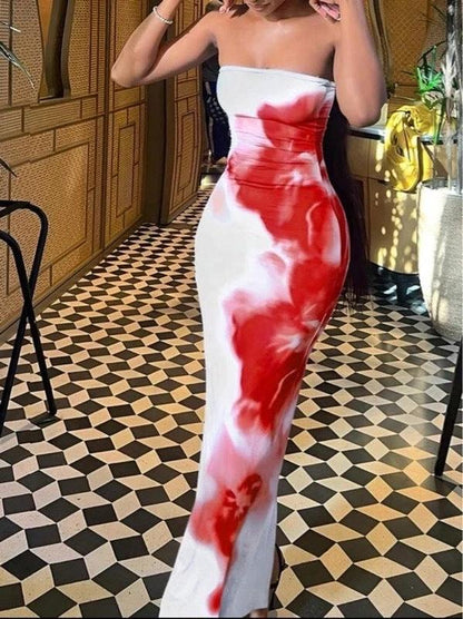 Contrast Color Floral Sexy Tube Top Dress