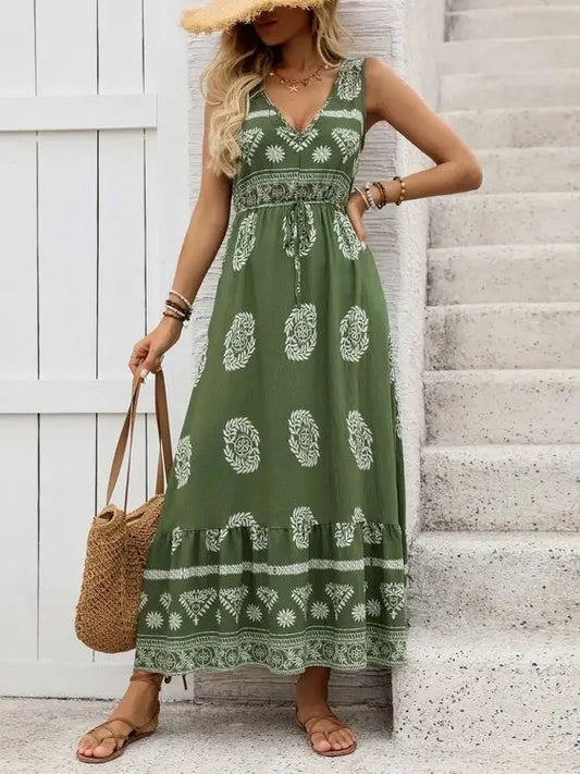 Printed V-Neck Sleeveless Dress for Effortless Style