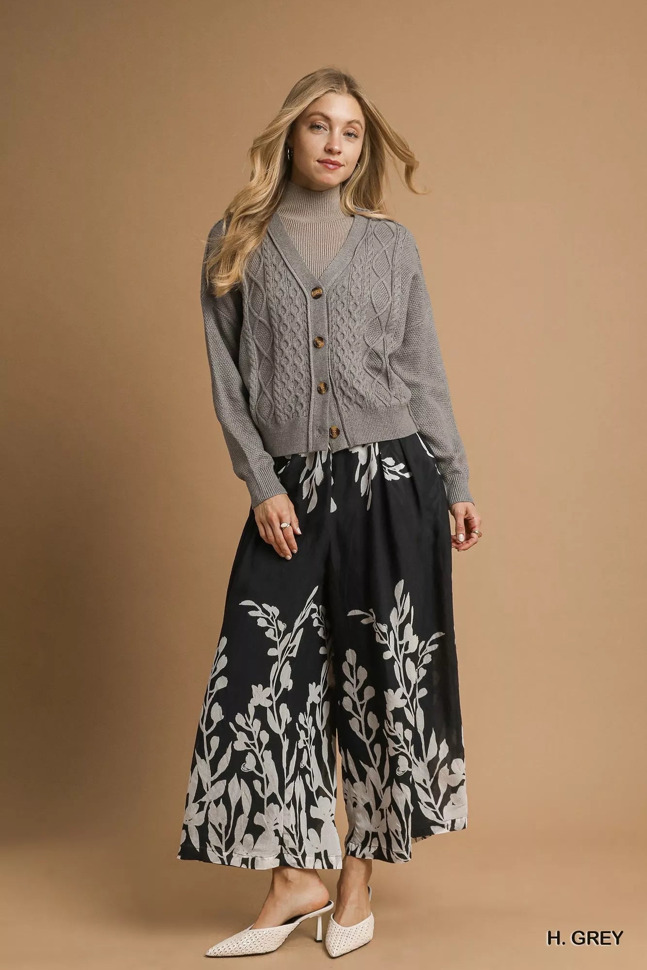 Umgee Chunky Cable Knit V-Neck Button-Up Cardigan