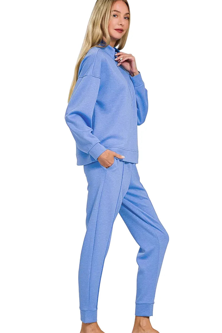 Zenana Scuba Half Zip Pullover and Jogger Set