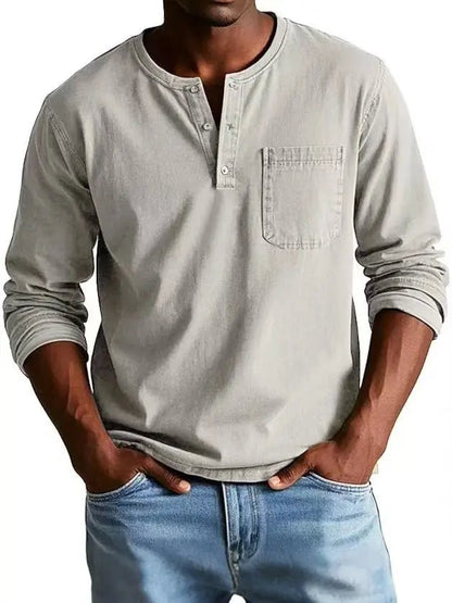 Men's V-neck Long-sleeved Pullover Top with Button Design