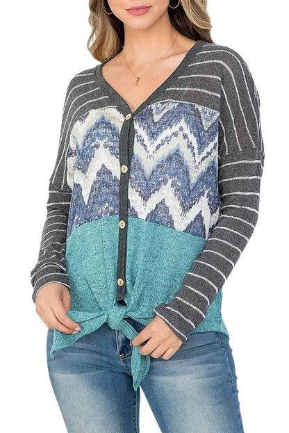 Colorblock Front Tie Long Sleeve Top