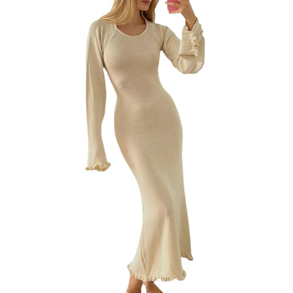 Solid Color Backless Knitted Long Dress for Women