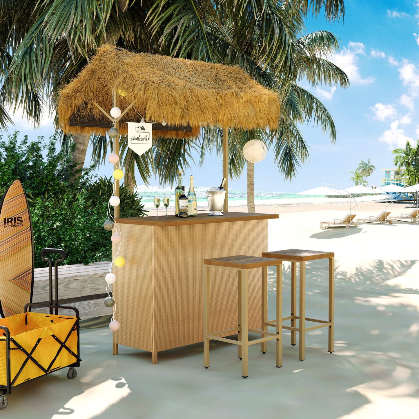 Alora 3-Piece Hawaiian Bar-Height Patio Set With Grass Canopy And Stools (SAK63047)