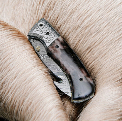 Custom Handmade Damascus Pocket Knife – Colored Bone Handle