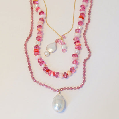 Pink Tourmaline Pearl Charm Necklace