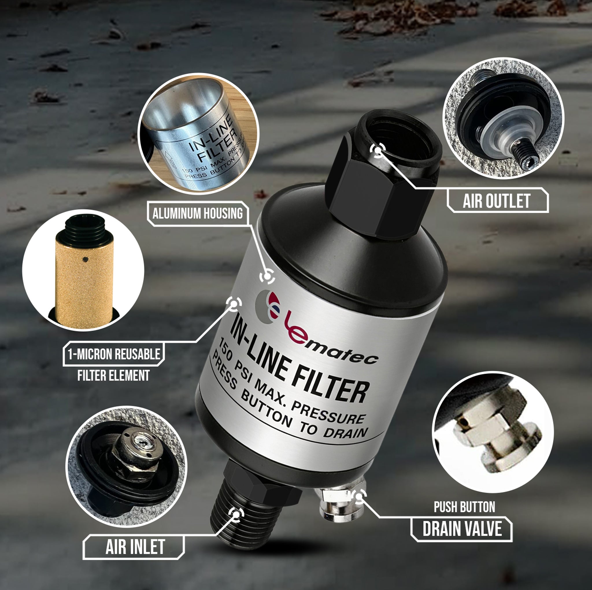 Professional Inline Air Filter System - 150 PSI Aluminum Oil & Water Separator with Drain (AI303)