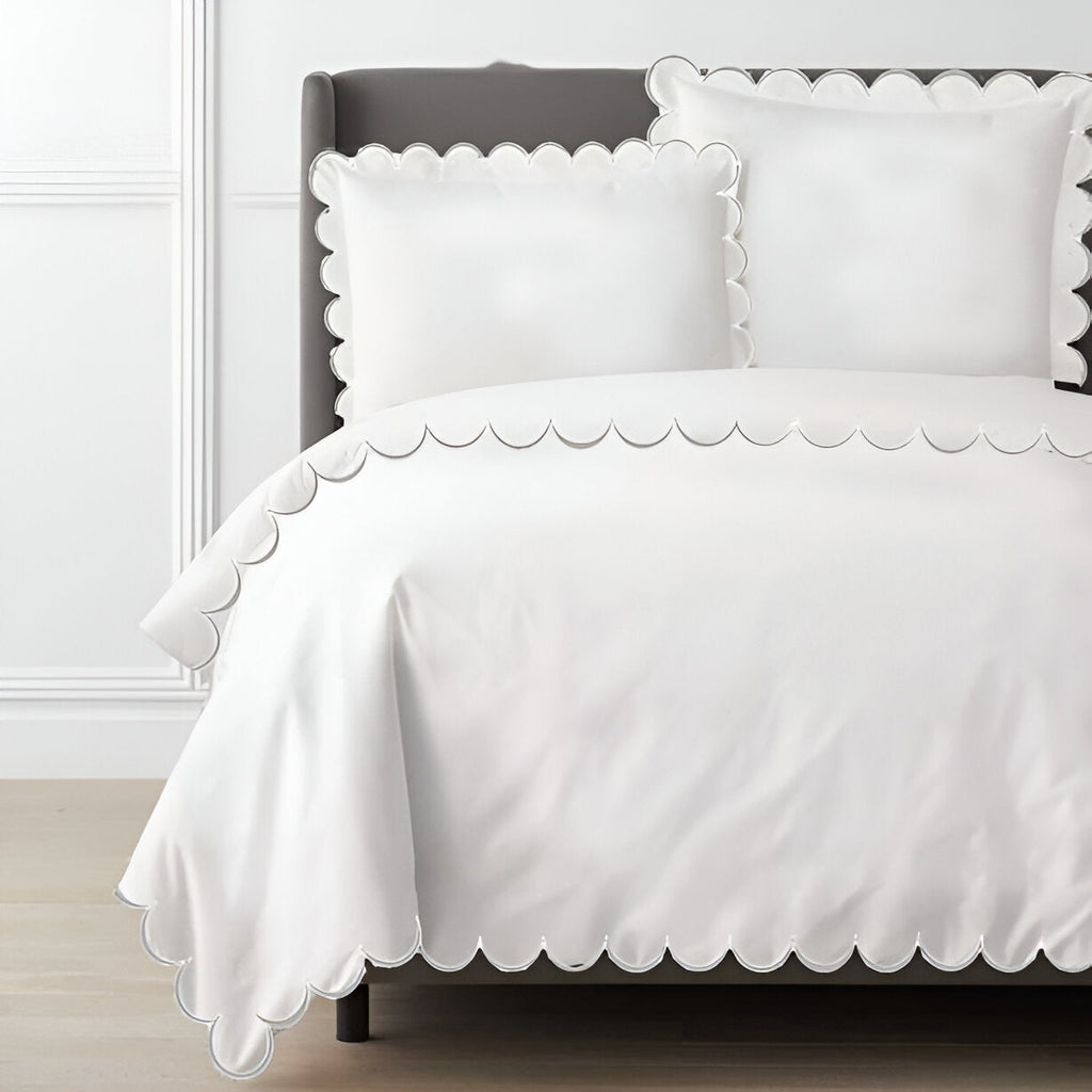 Allena 400TC Cotton Scallop Embroidery Sateen Solid Duvet Cover Set