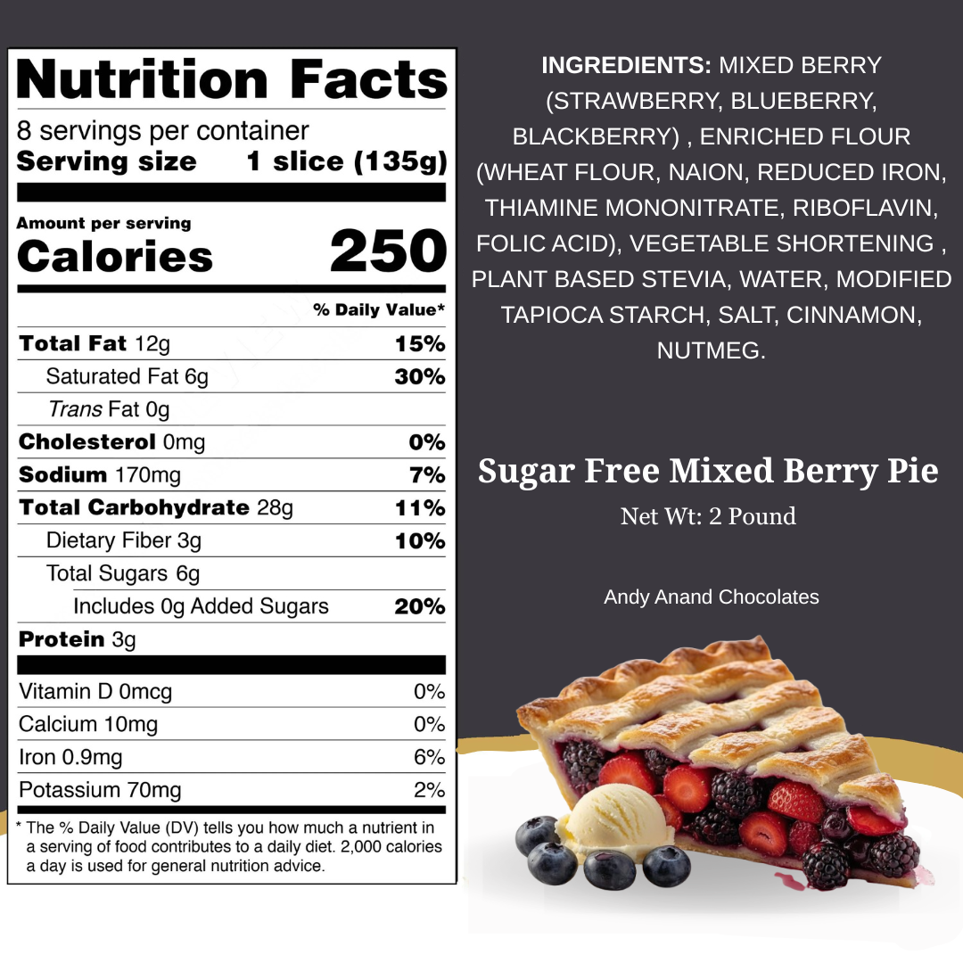 Andy Anand Sugar-Free Mixed Berry Pie, 2.6  lbs - Handcrafted Strawberries, Blueberries & Blackberries - Freshly Baked, Guilt-Free Dessert in Reusable Serving Tray - Perfect for Birthdays & Holidays