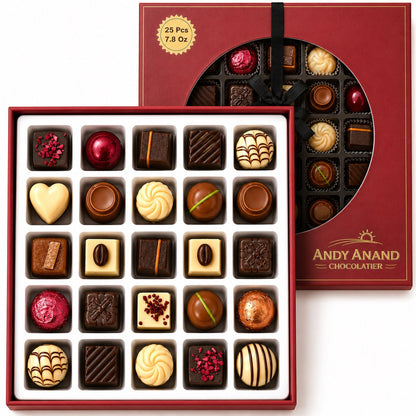 Andy Anand Premium Bon Bon Chocolate Collection, 25 pc – Truffles, Pralines, Pistachio Cream, Mint & Tiramisu, Birthday & Holiday Gift Box