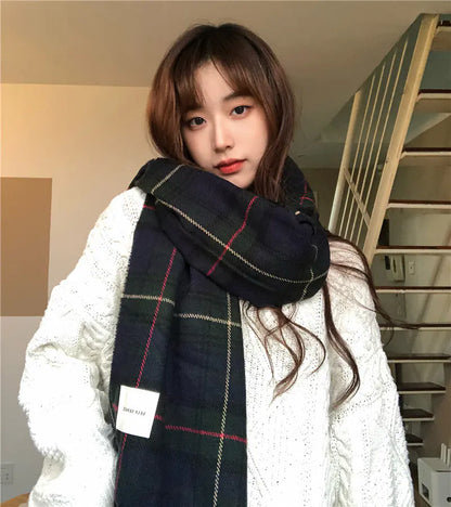Versatile Retro Plaid Scarf with Tassels for Women