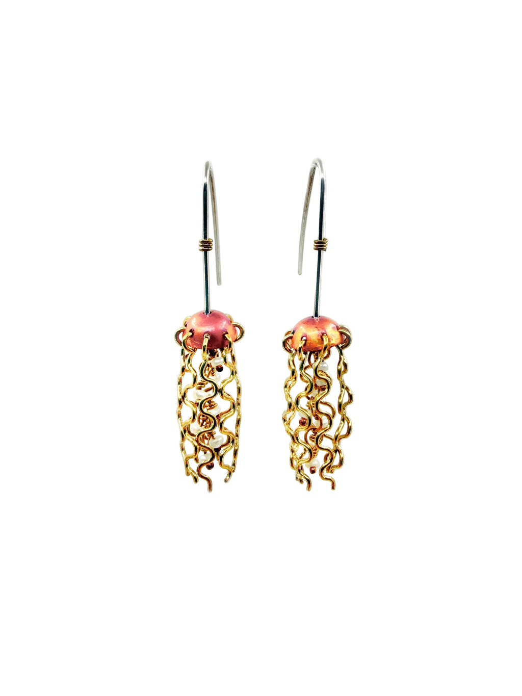 Mini Red Copper Jellyfish Earrings with White Pearls and Sterling Silver Earwires