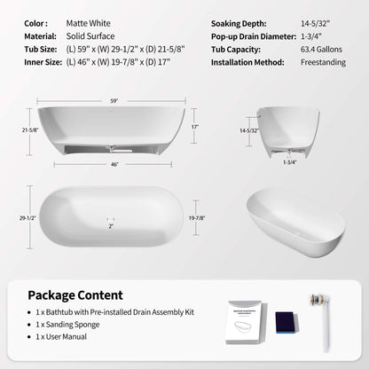 Nuvia 59-Inch Luxury Solid Surface Matte White Freestanding Soaking Tub (SAK95320)