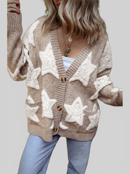 Women Star Button Up Long Sleeve Cardigan