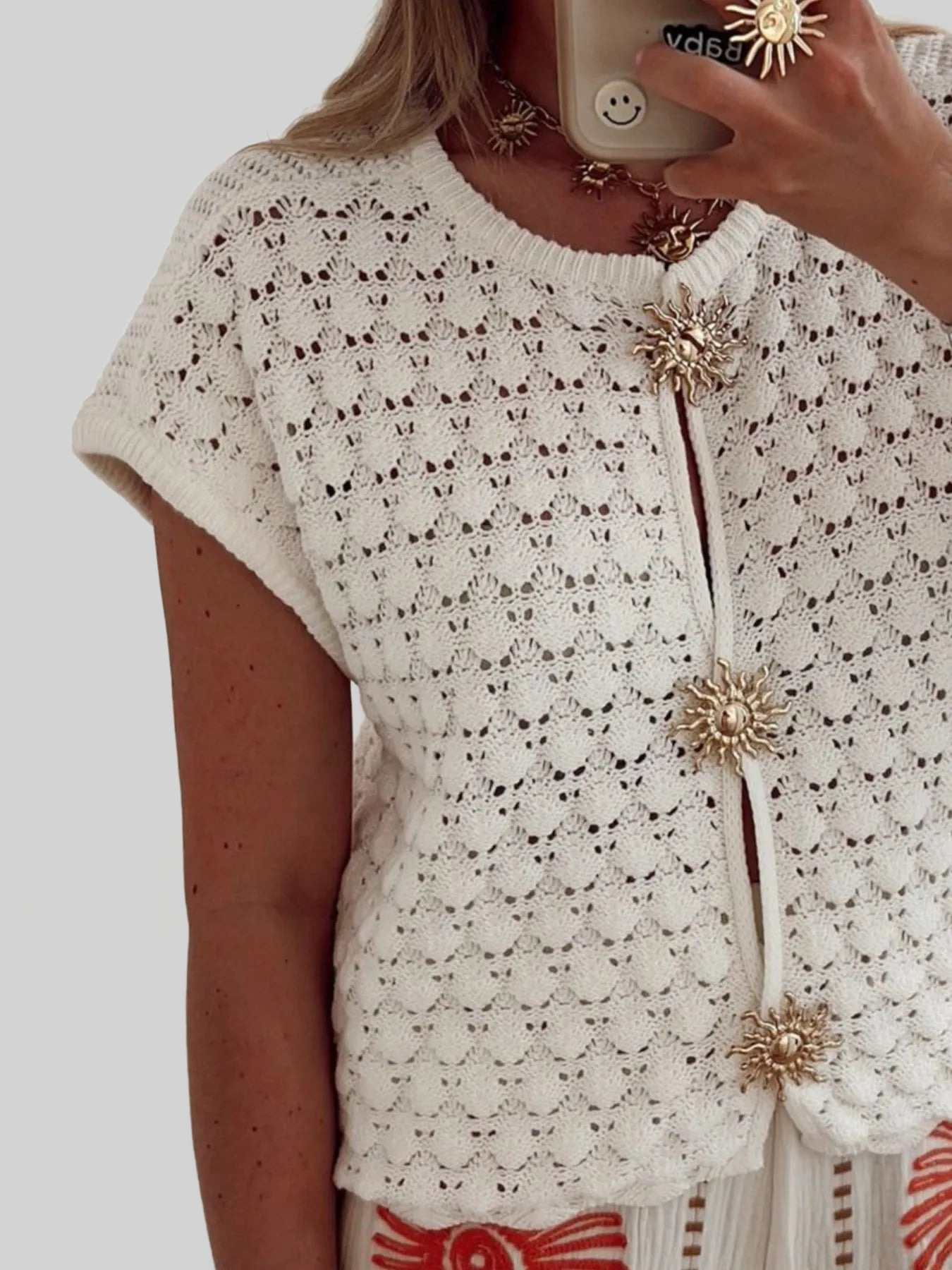 Crochet Short Sleeve Button Front Cardigan