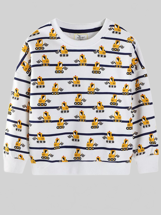 Toddler Boys Excavator Print Striped Crew Neck Sweatshirt