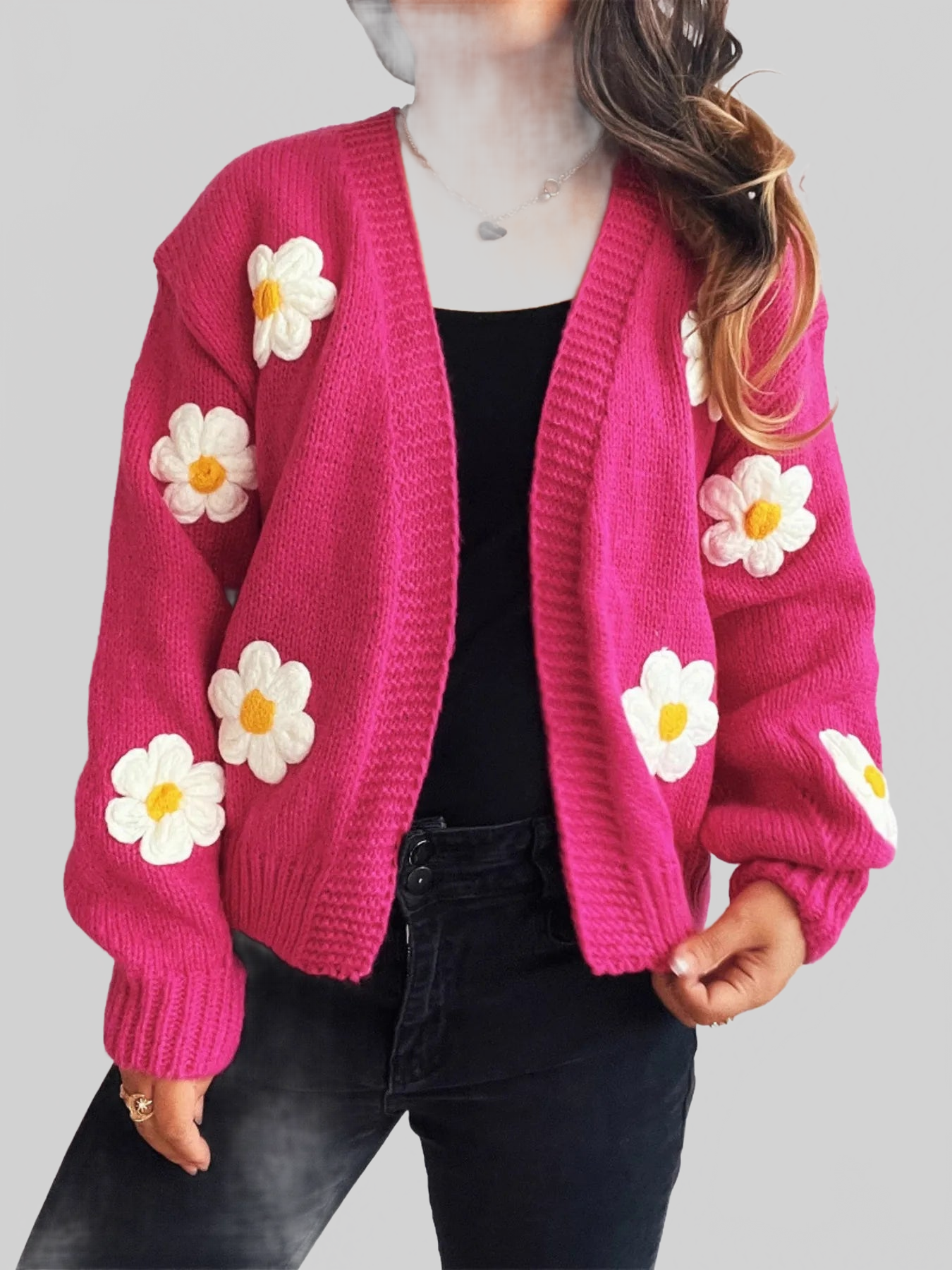 Flower Open Front Long Sleeve Cardigan