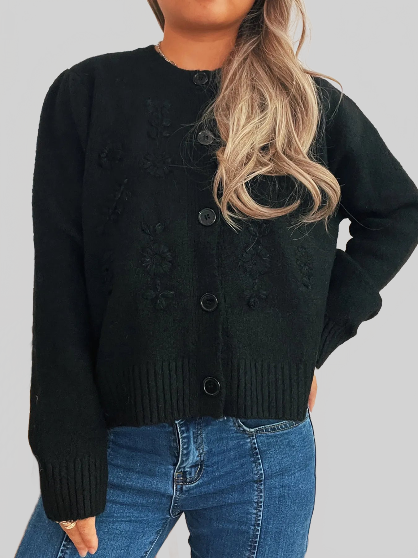 Flower Button Up Ribbed Hem Cardigan
