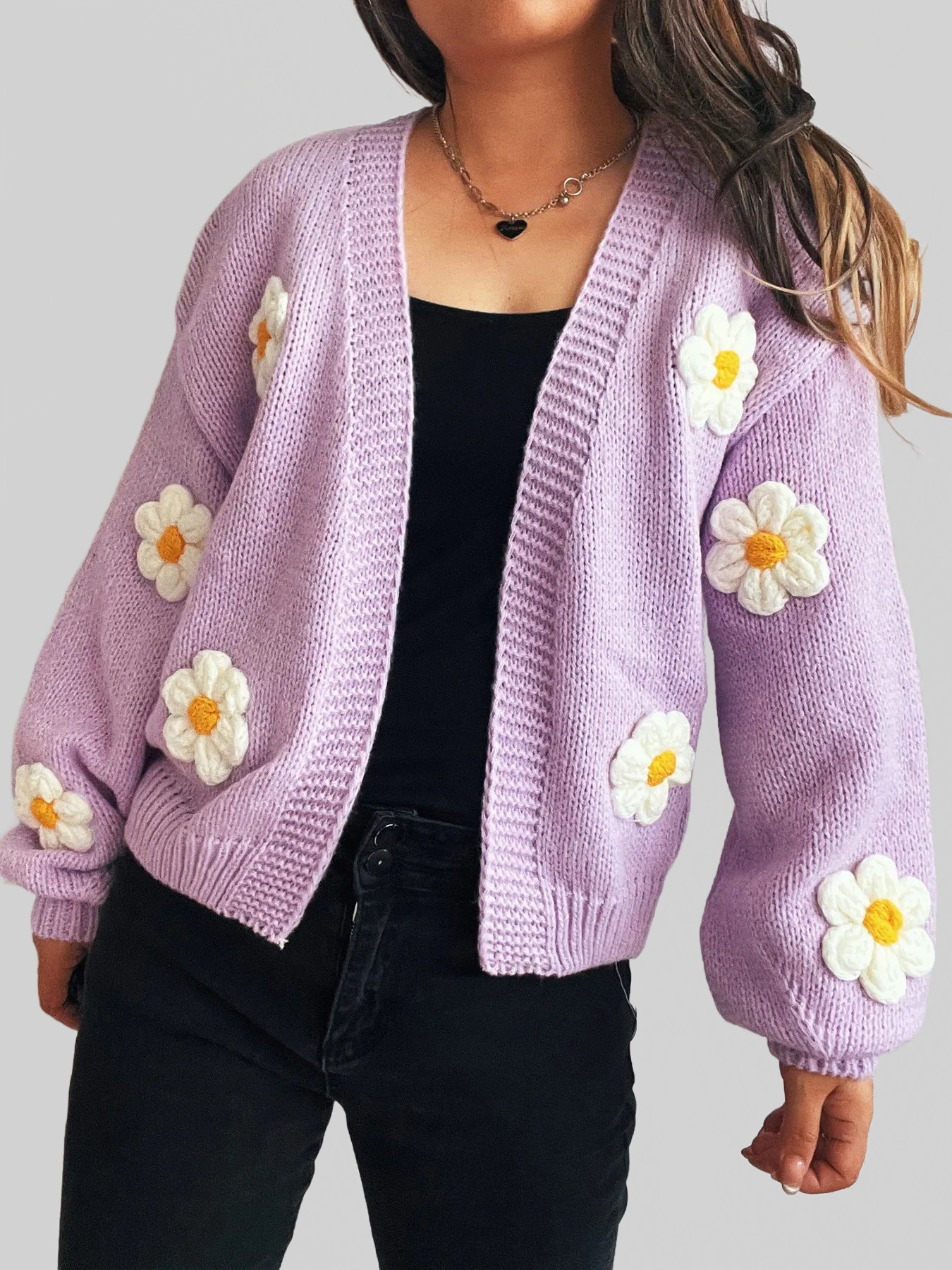 Flower Open Front Long Sleeve Cardigan