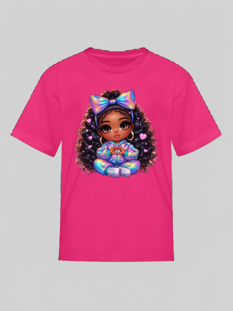 African American Girls Pretty Bow and Hearts Short Sleeve Crewneck T-Shirt